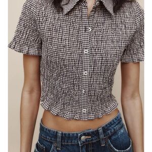 Zara Brown and White Smocked Crop Button Down Shirt